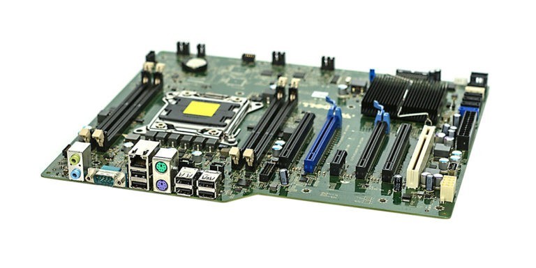 A computer motherboard with visible hardware components.