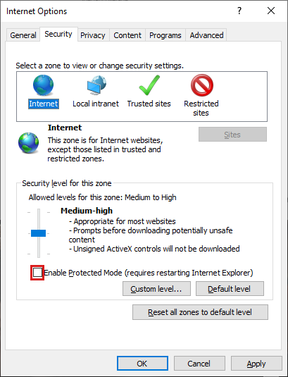 A screenshot of internet browser settings
