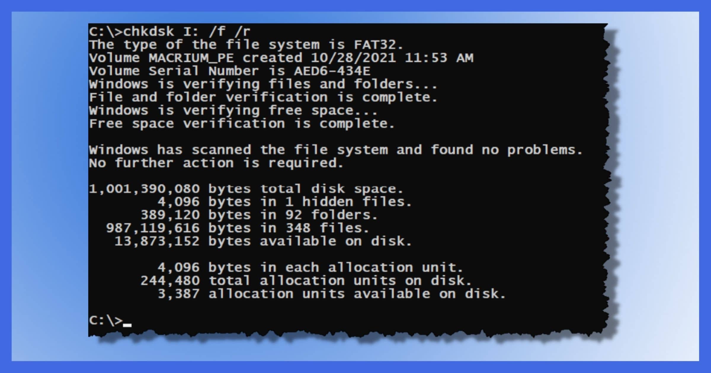Add the "/f" flag to fix any errors found 
 Add the "/r" flag to locate bad sectors and recover readable information