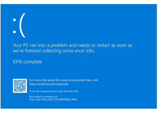 Blue screen error message with file and drive icons