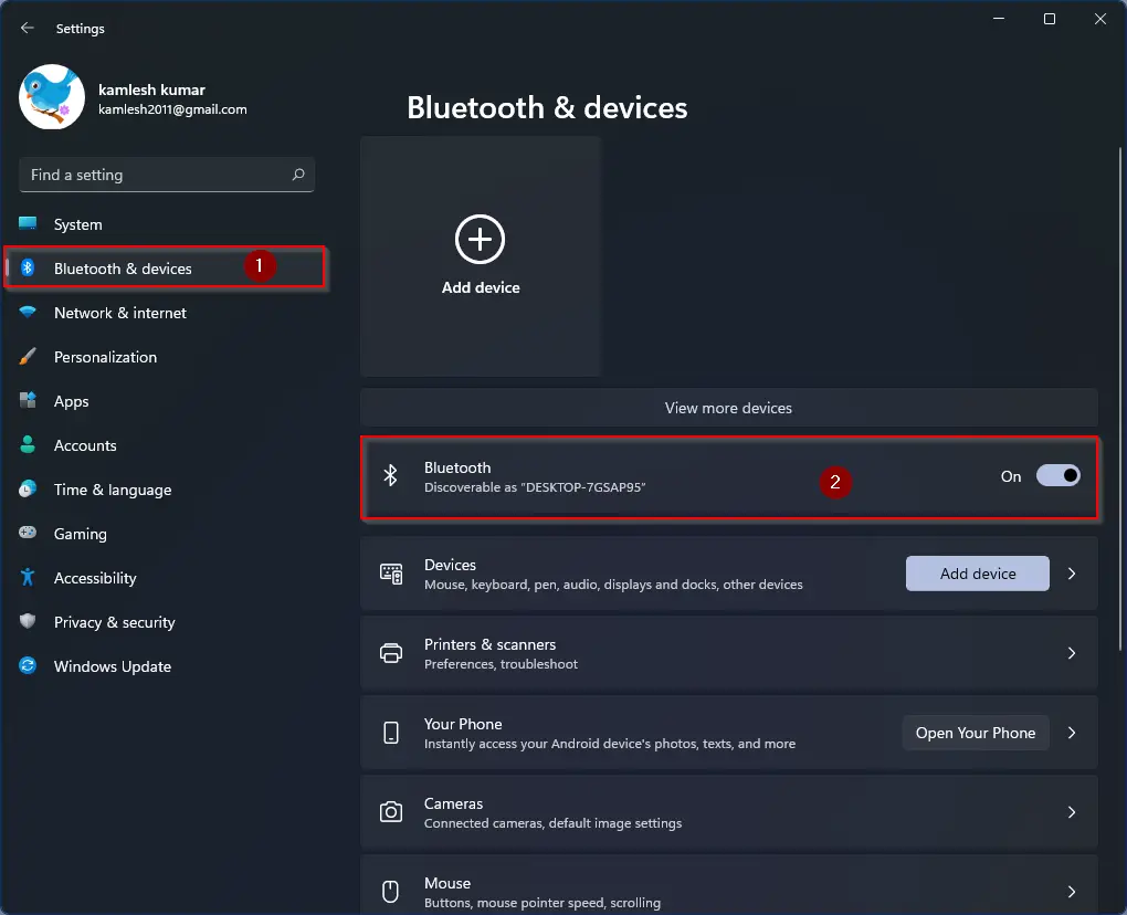 Bluetooth settings page