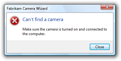 Camera error message on Windows 10