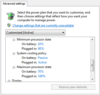 Change the Minimum processor state and Maximum processor state to 100% for both On battery and Plugged in options.
Click Apply and then OK to save the changes.