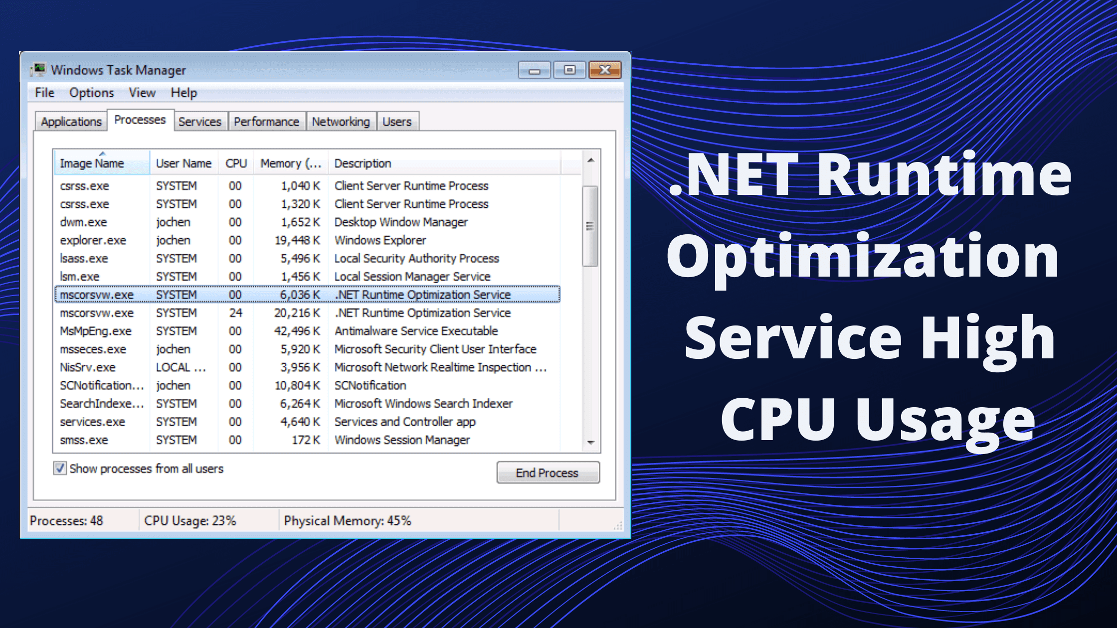 Check Task Manager for high CPU usage by the .NET Runtime Optimization Service Process
Check Event Viewer for any related error messages
