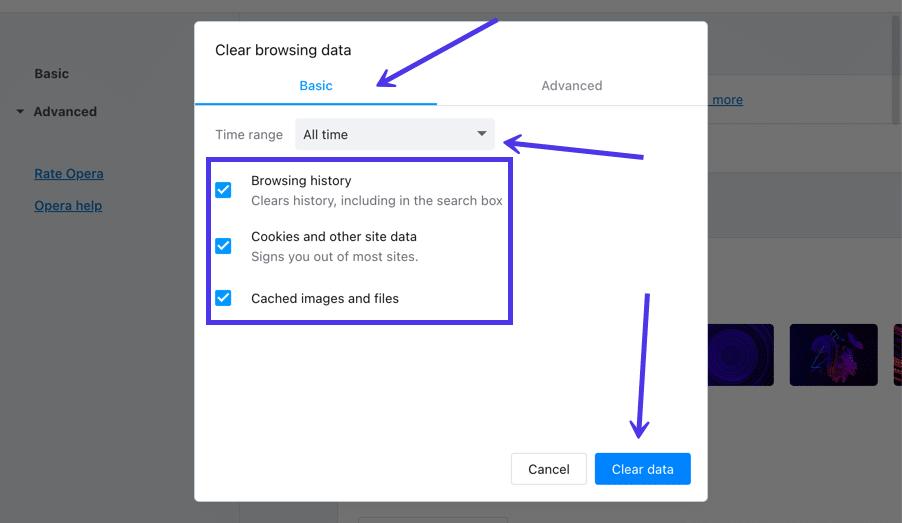Check the box next to "Cached images and files"
Click "Clear data"
