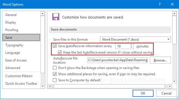 Check the box next to Save AutoRecover information every X minutes
Set the desired time interval for AutoSave