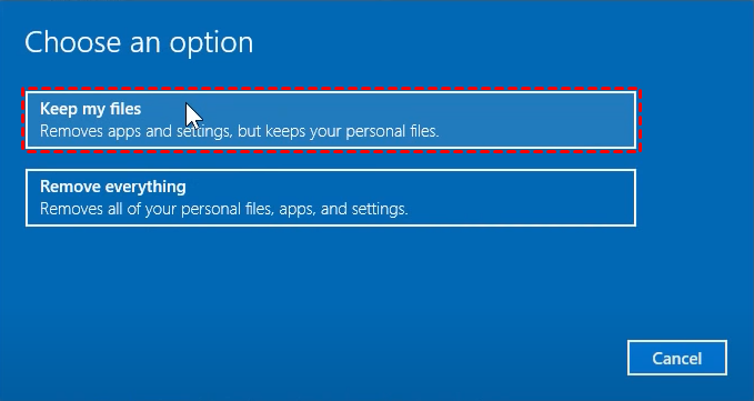 Choose either Keep my files or Remove everything.
Follow the on-screen prompts to reinstall or reset Windows.