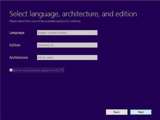 Choose the language, edition, and architecture of Windows 10 you want to install.
Select the option to create a USB flash drive or ISO file.