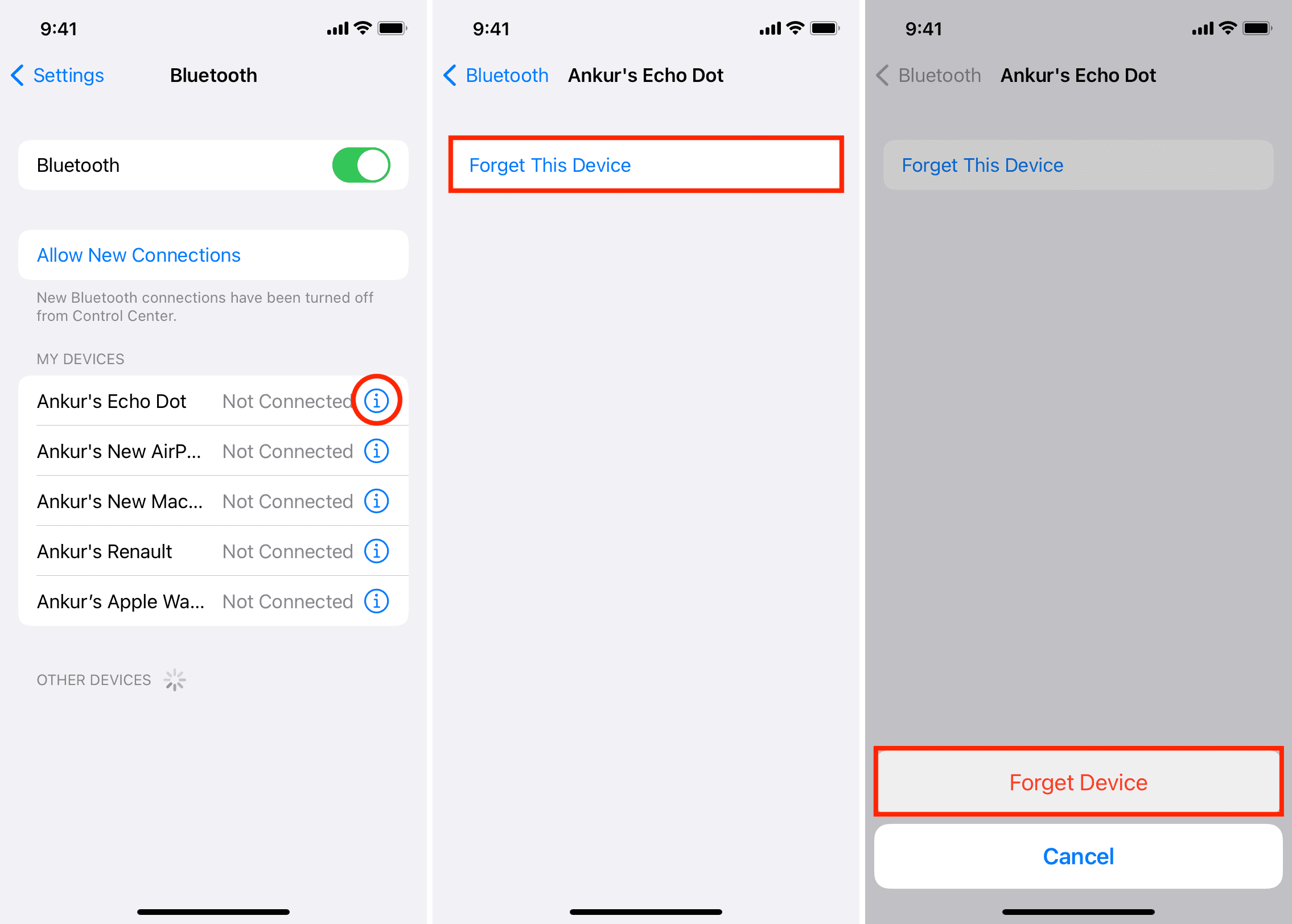 Choose the option to forget or unpair the device.
Confirm the deletion of the Bluetooth connection.