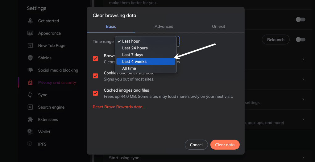 Choose the time range for which you want to clear the cache
Make sure the option for "Cached images and files" is selected