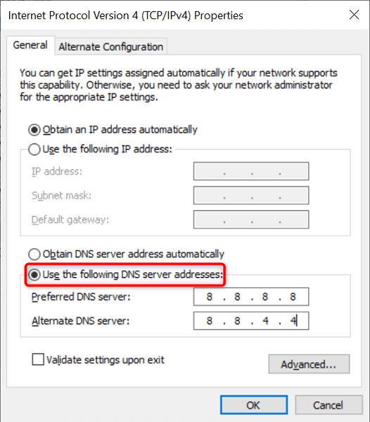 Choose "Use the following DNS server addresses" and enter alternative DNS server addresses (e.g., Google DNS: 8.8.8.8 and 8.8.4.4).
Click "OK" to save the changes and try connecting to Steam again.
