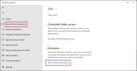 Click on Add an exclusion and select Folder.
Navigate to C:\Program Files\Windows Defender and select the Antimalware folder.
