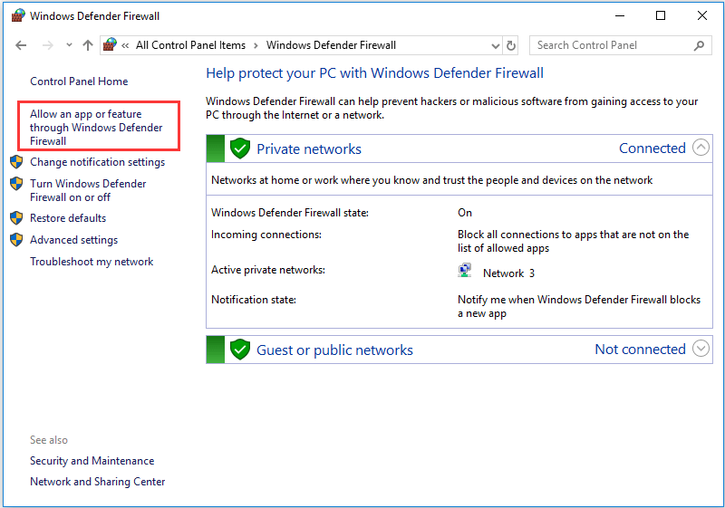 Click on Allow an app or feature through Windows Defender Firewall
Scroll down and look for the application or program you want to unblock