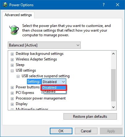 Click on Change advanced power settings
Expand USB settings and then expand USB selective suspend settings