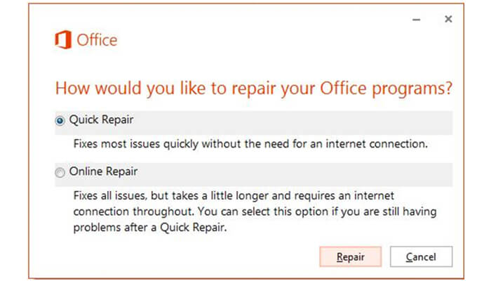 Click on "Change" and then select "Repair".
Follow the instructions to repair your Outlook installation.