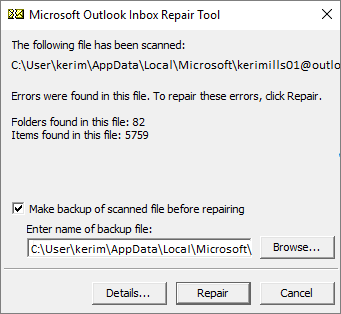 Click on Change or Repair.
Follow the on-screen instructions to repair the Outlook data file.