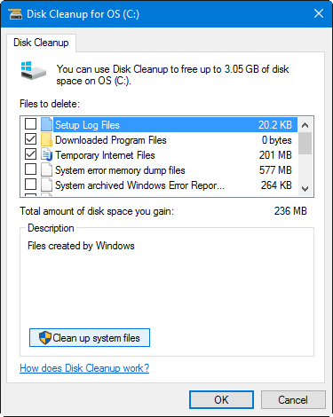 Click on Clean up system files.
Select the files you want to delete and click OK.