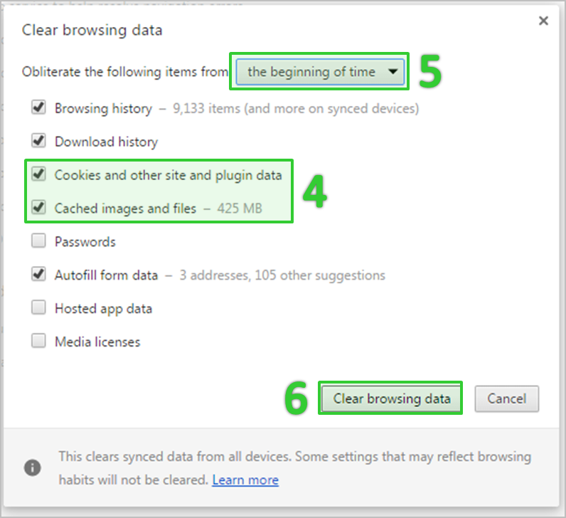 Click on "Clear browsing data"
Select the options for clearing cache and cookies