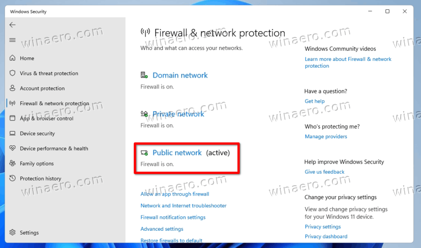 Click on Firewall & network protection.
Click on the currently active network profile.