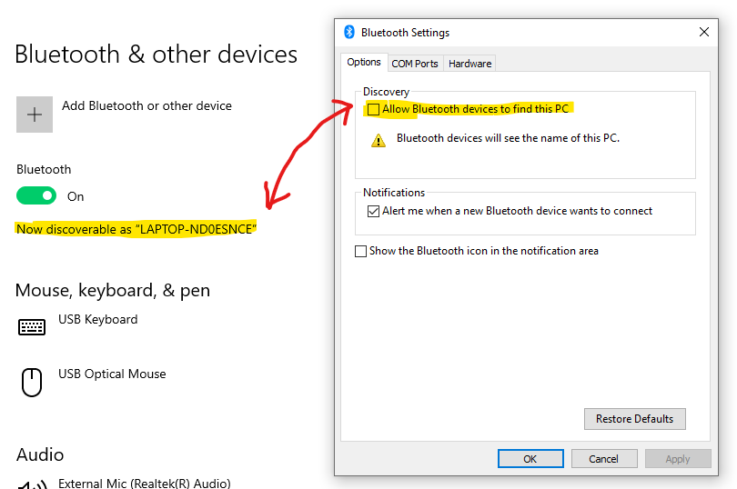 Click on More Bluetooth options 
 Under the Options tab, ensure that Allow Bluetooth devices to find this PC is selected