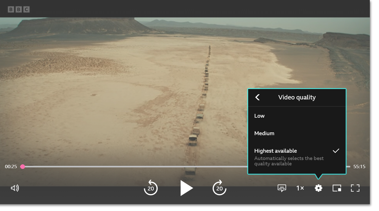 Click on the settings icon within the BBC iPlayer player.
Choose a lower video quality option to reduce buffering and improve playback.