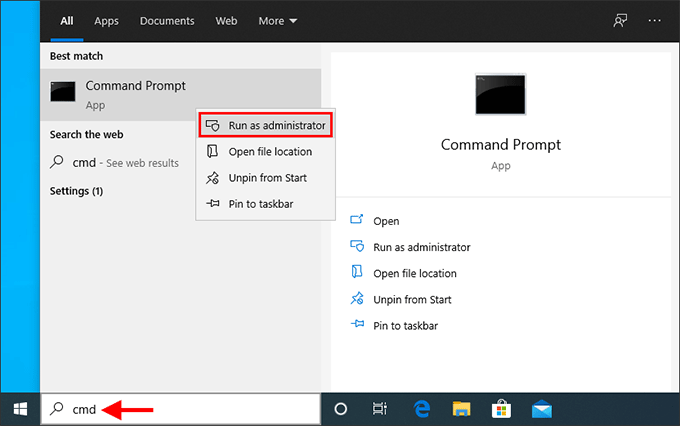 Click on the Start menu.
Type "cmd" in the search bar and click "Run as administrator".