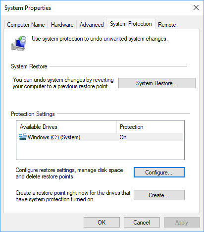 Click on the System Restore tab.
Select Turn off System Restore on all drives.