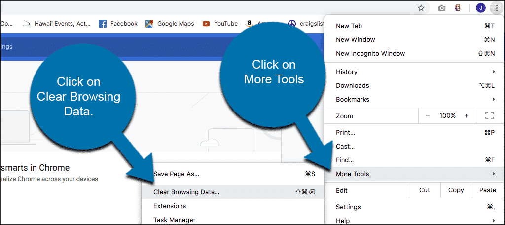 Click on the  three dots  at the top-right corner of the browser window. 
 Select  More Tools  and then click on  Clear Browsing Data .