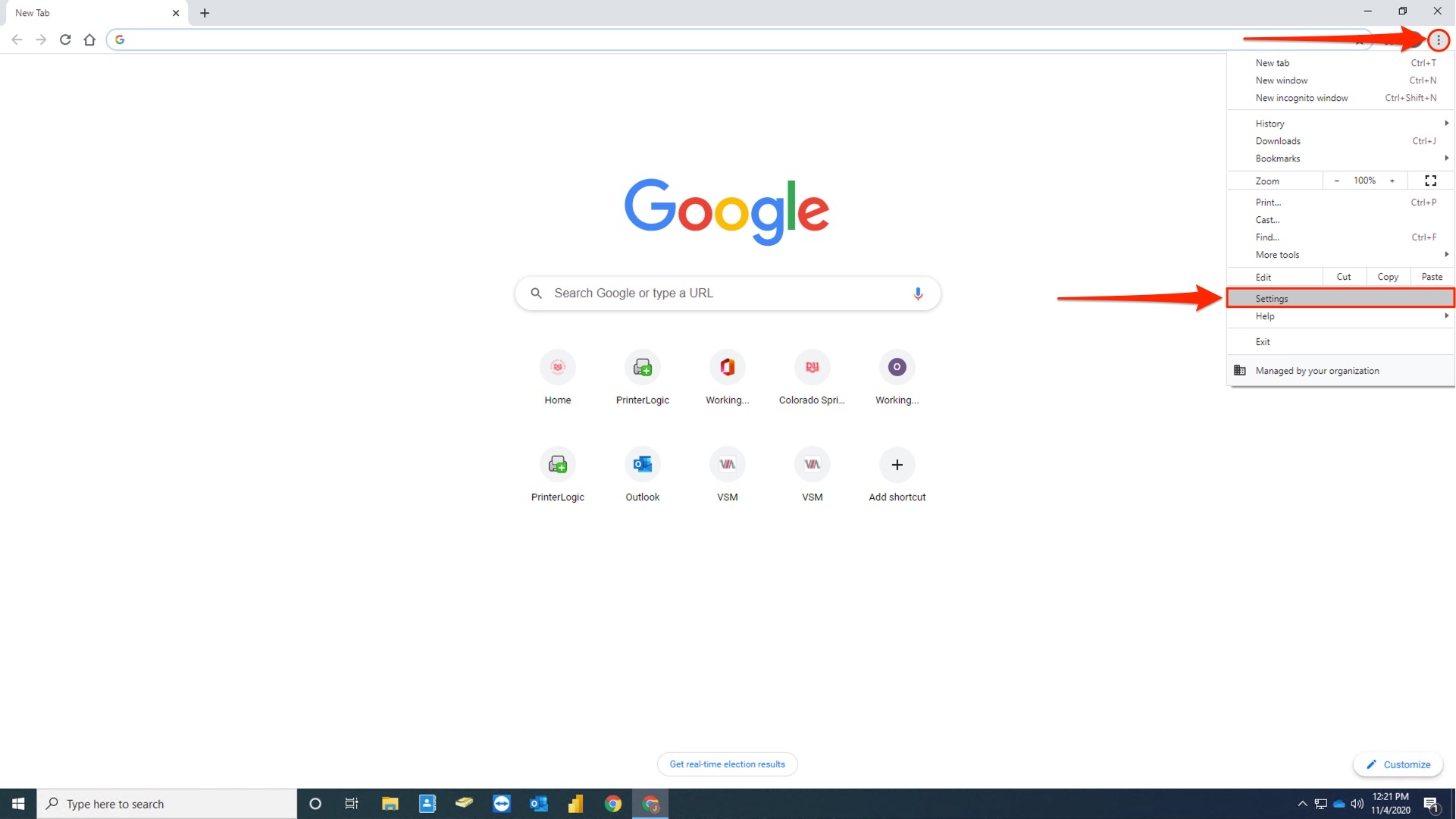 Click on the three vertical dots at the top right corner of the Chrome window to open the menu.
Select "Settings" from the drop-down menu.