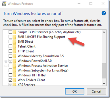 Click on Turn Windows features on or off.
In the Windows Features window, scroll down and locate SMB 1.0/CIFS File Sharing Support.