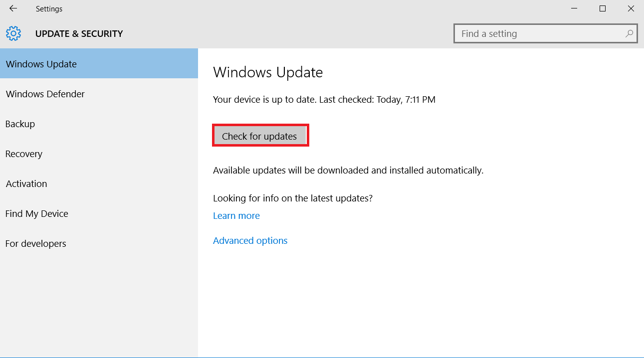 Click on Windows Update in the left-hand menu.
Click on Check for updates and wait for Windows to search for available updates.