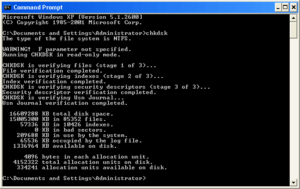 Command prompt running chkdsk command