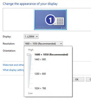 Computer screen displaying resolution settings