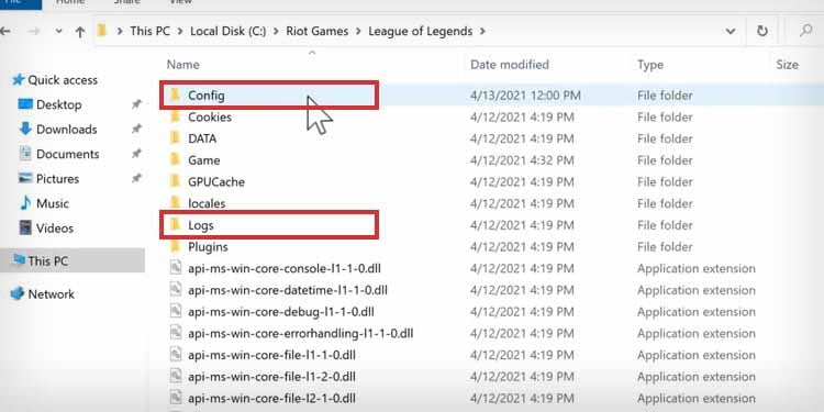 Delete the "Config" and "Logs" folders.
Launch League of Legends again.