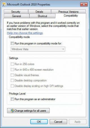 Disable Compatibility Mode:
Right-click on the Outlook 2010 shortcut on your desktop.