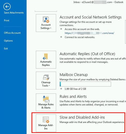 Disabled add-ins in Outlook