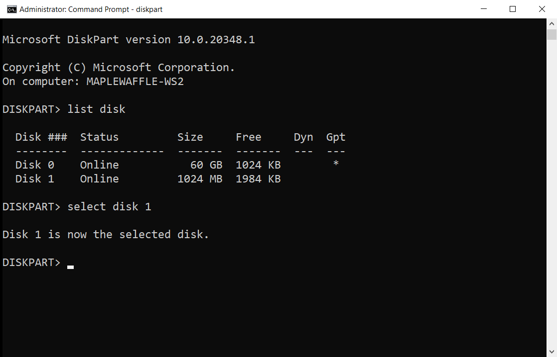 DiskPart command prompt interface