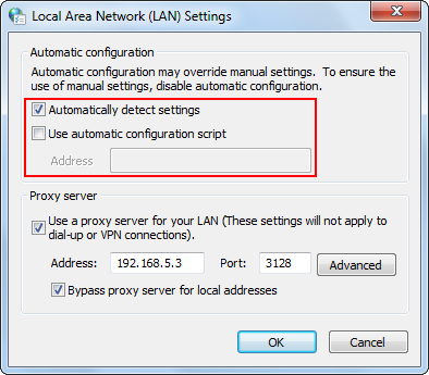 Ensure that the Use a proxy server for your LAN option is unchecked.
Click OK to save the changes.