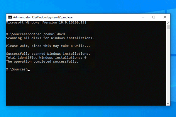 Enter the command bootrec /rebuildbcd and press Enter.
Choose the option to add the installation to the boot list by typing Y and pressing Enter.