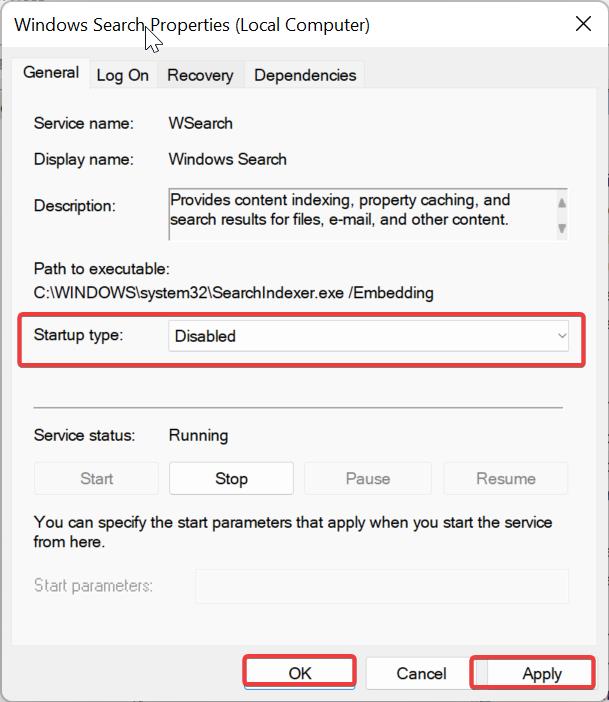 Find "Windows Search" and double-click it
Change the "Startup type" to "Disabled" and click OK