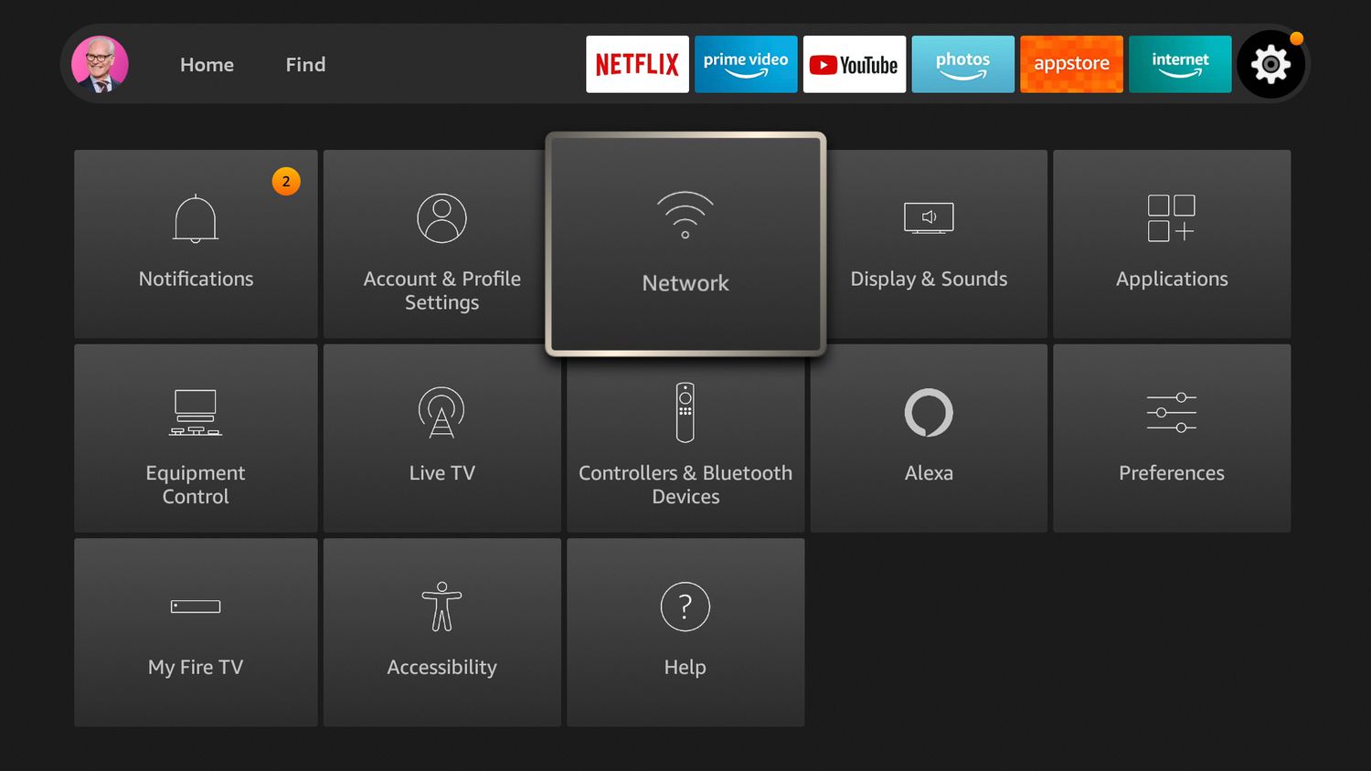 Go to FireStick settings and select "Network".
Ensure that the Wi-Fi network you are connected to is correct.