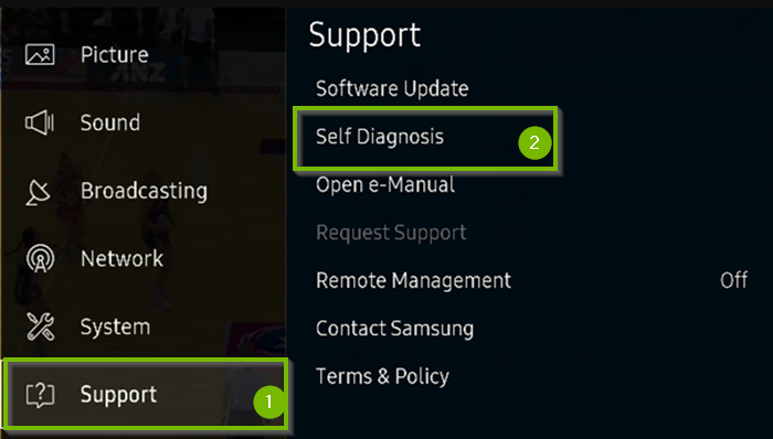 Go to Settings and select Support.
Select Self Diagnosis and then Reset.