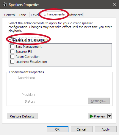 Go to the Enhancements tab.
Check the box for Disable all sound effects.