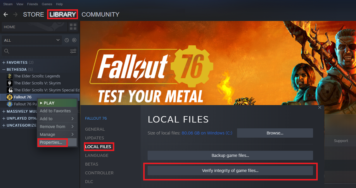 Go to the Local Files tab and click on Verify Integrity of Game Files.
Wait for Steam to validate the game files and repair any corrupted or missing files.