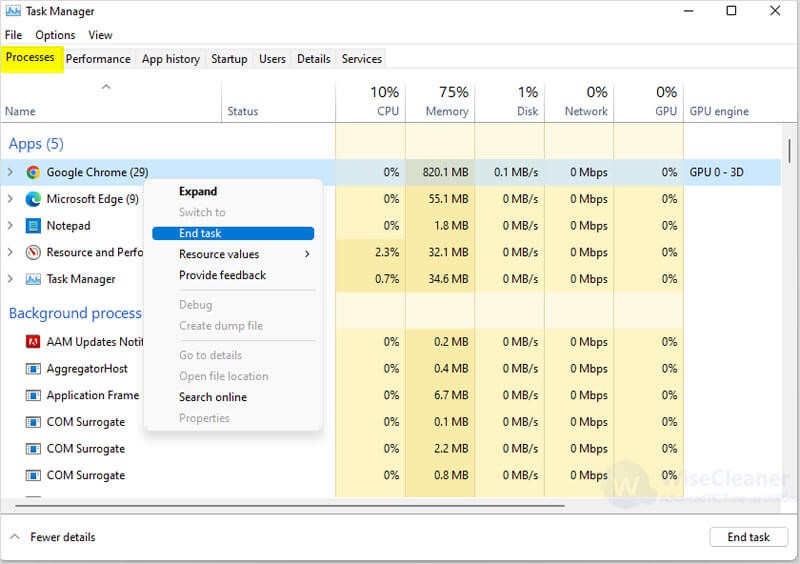 Identify the processes consuming high CPU usage.
Right-click on each unnecessary process and select End Task.