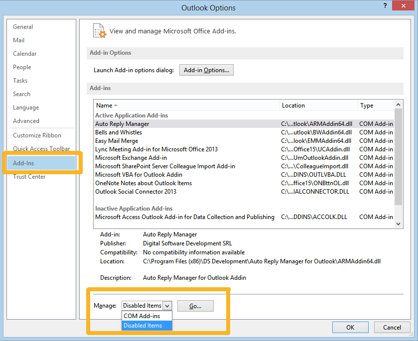 If found, disable or remove the conflicting add-ins
Restart Outlook and check if the signature is working now