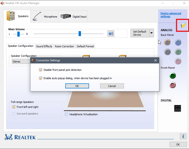 If the option is currently disabled, click on it to enable front panel jack detection.
Click Apply and then OK to save the changes.