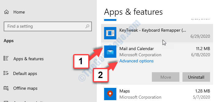 In the Apps & features section, scroll down and locate the "Mail and Calendar" app.
Click on the app and select "Advanced options" below it.