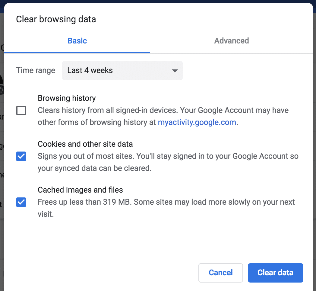 In the browser settings, clear the cache and cookies.
Close and reopen the browser.