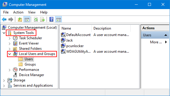 In the Computer Management window, expand the System Tools folder.
Expand the Local Users and Groups folder.